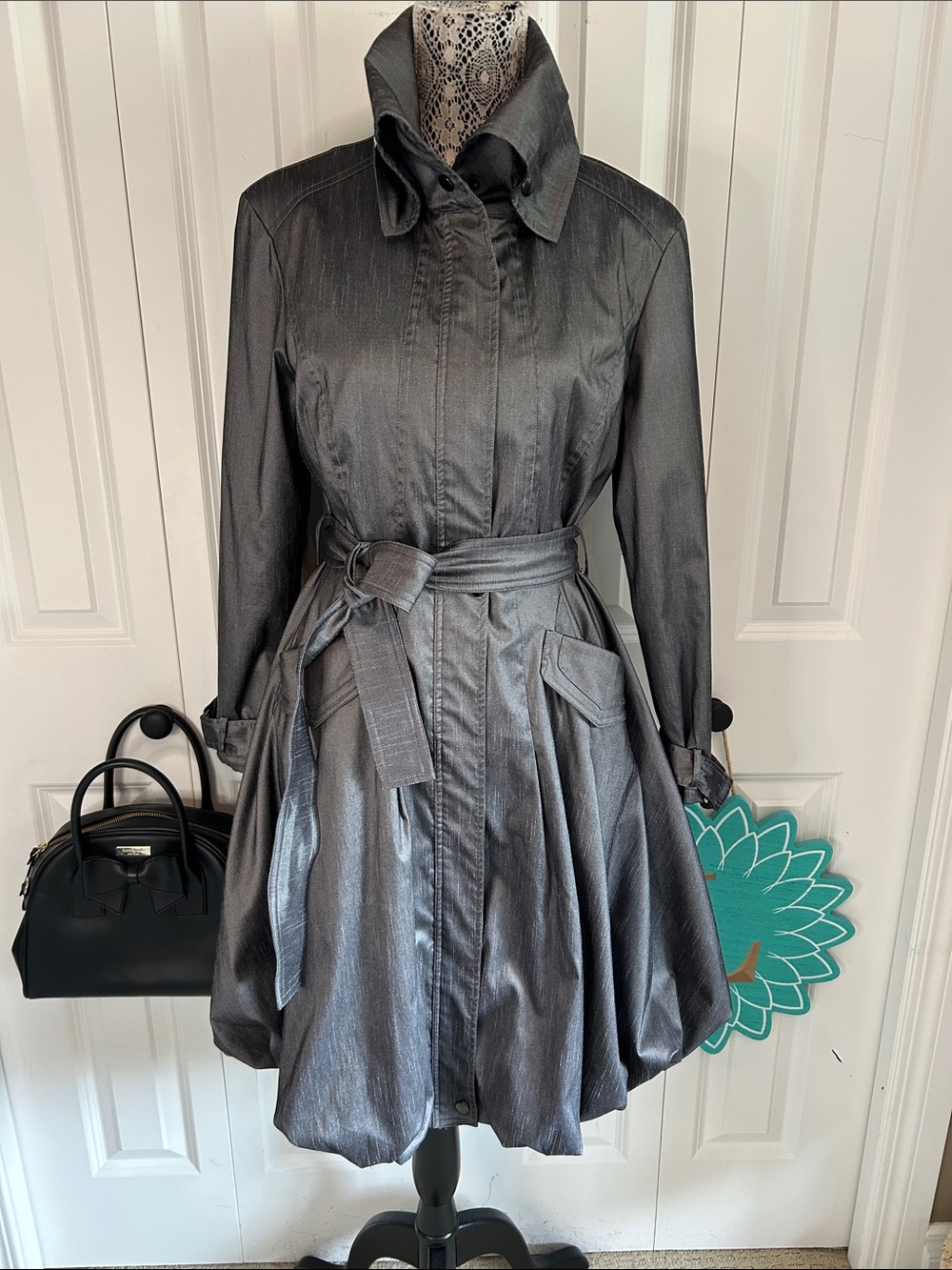 ✨ Samuel Dong Metallic Gray Bubble Hem Trench Coat - Size S ✨